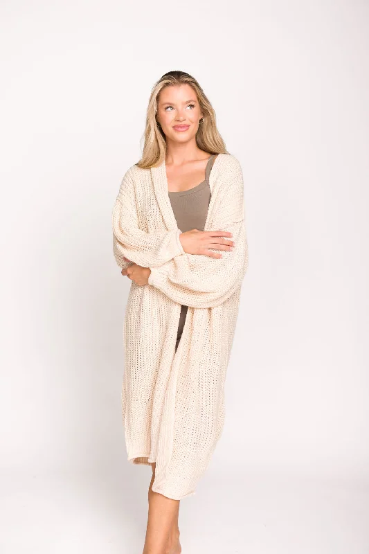 long length women cardigan with side slitsFrancie Knit Balloon Sleeve Cardigan in Powder Beige long length women cardigan with side slitsFrancie Knit Balloon Sleeve Cardigan in Powder Beige