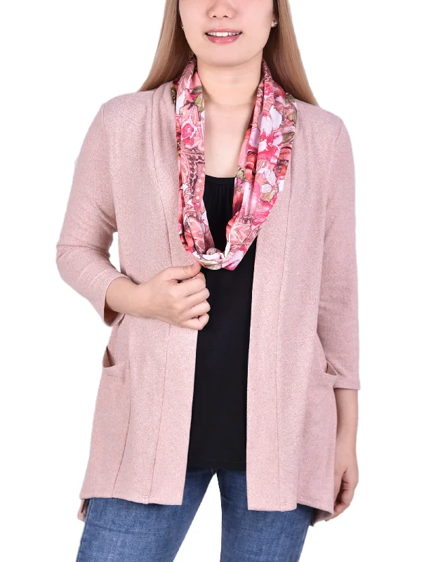 machine washable women cardigan for easy carePetite Cardigan With Inset And Detachable Printed Scarf machine washable women cardigan for easy carePetite Cardigan With Inset And Detachable Printed Scarf
