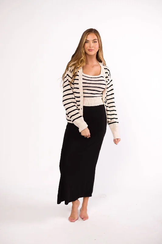 hand knitted women cardigan with artisanal charmStella Stripe Top and Cardigan Set in Natural Black hand knitted women cardigan with artisanal charmStella Stripe Top and Cardigan Set in Natural Black