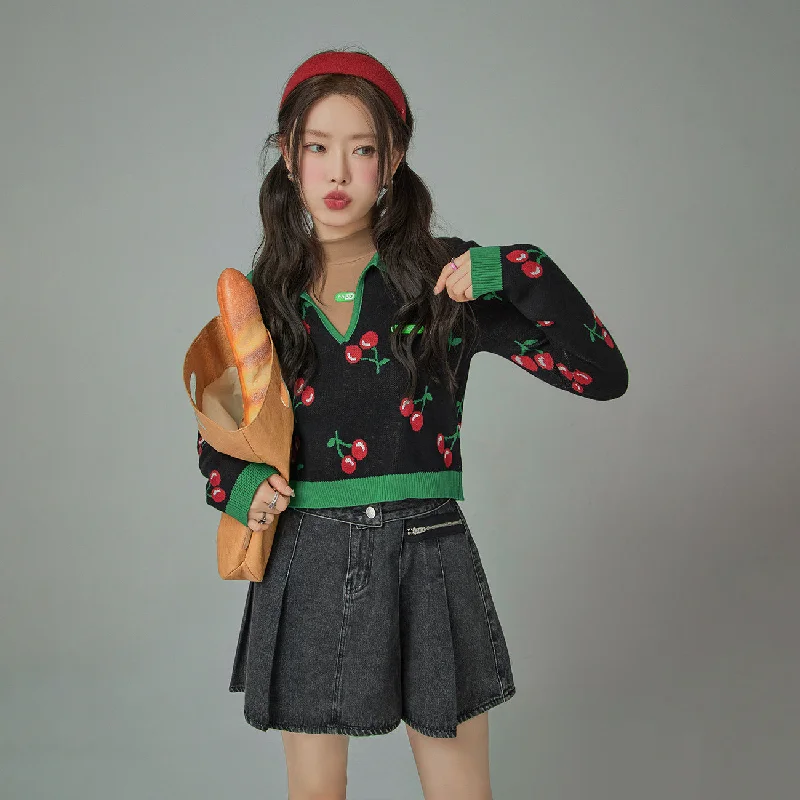 Cherry Polo Collar Colored Crop Knit Sweater