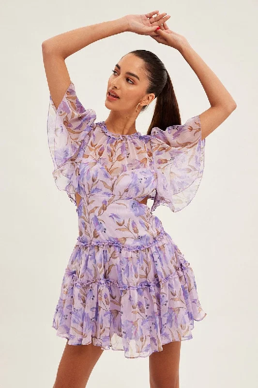 Blue Floral Fit And Flare Dress Short Sleeve Backless