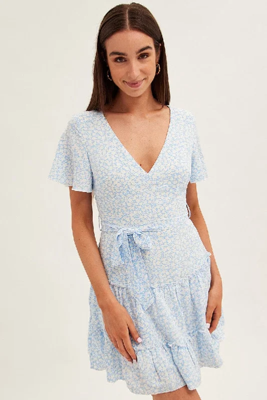 Blue Floral Skater Dress Short Sleeve V Neck Frill Hem Floral