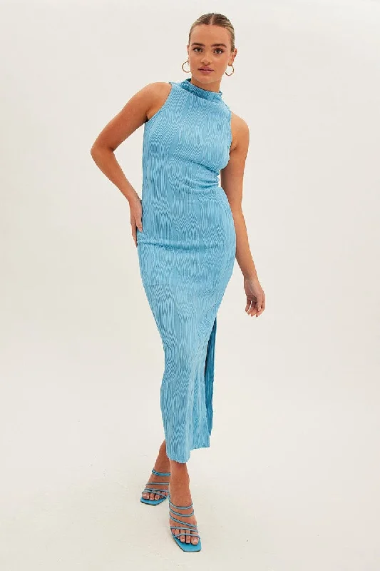 Blue Maxi Dress High Neck Sleeveless