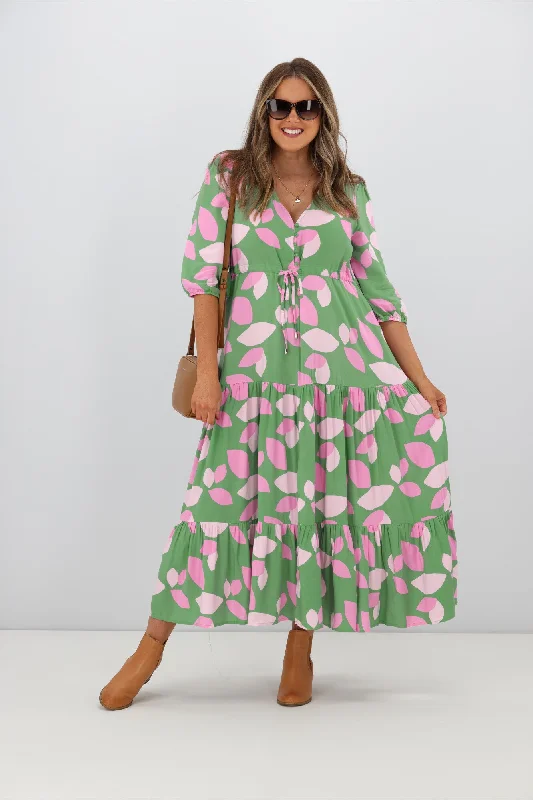 Fria Amelia Amora 3/4 Sleeve Maxi Dress Green