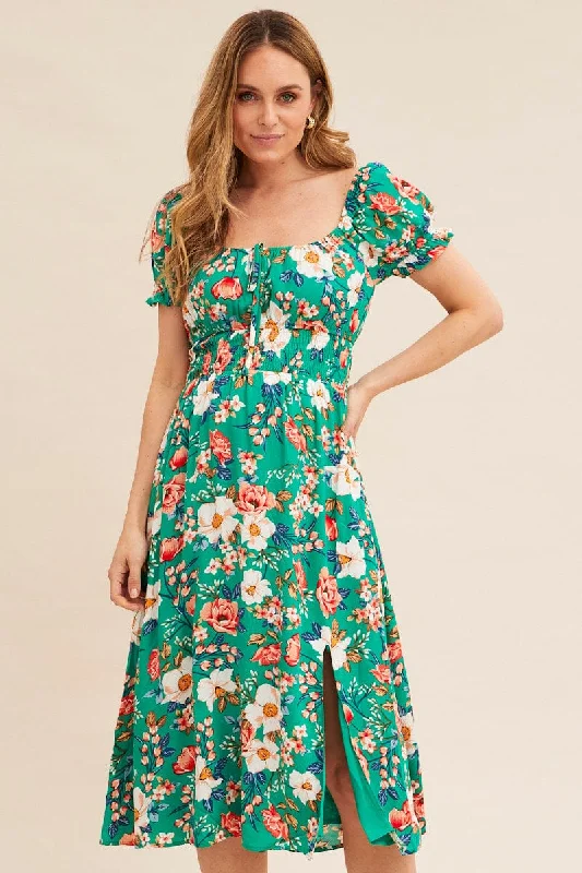 Green Floral Short Puff Sleeve Midi Slit Dress