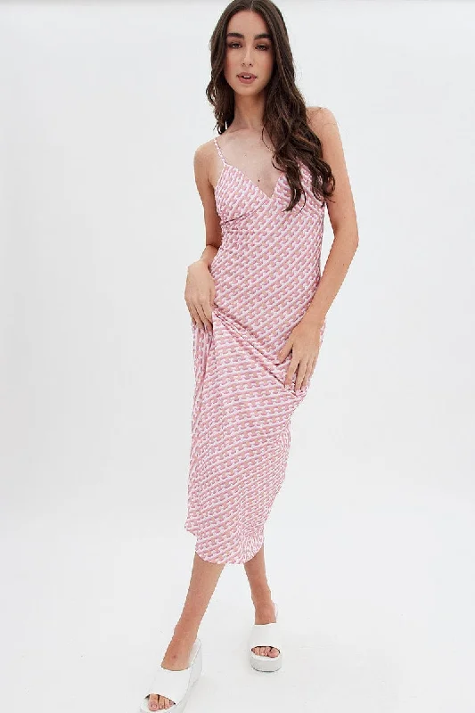 Pink Geo Midi Dress V-Neck Sleeveless