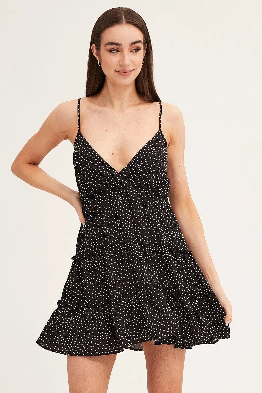 Polka Dot Skater Dress Mini V Neck Sleeveless