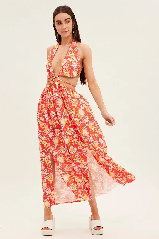 Red Floral Maxi Dress Cutout Front Split