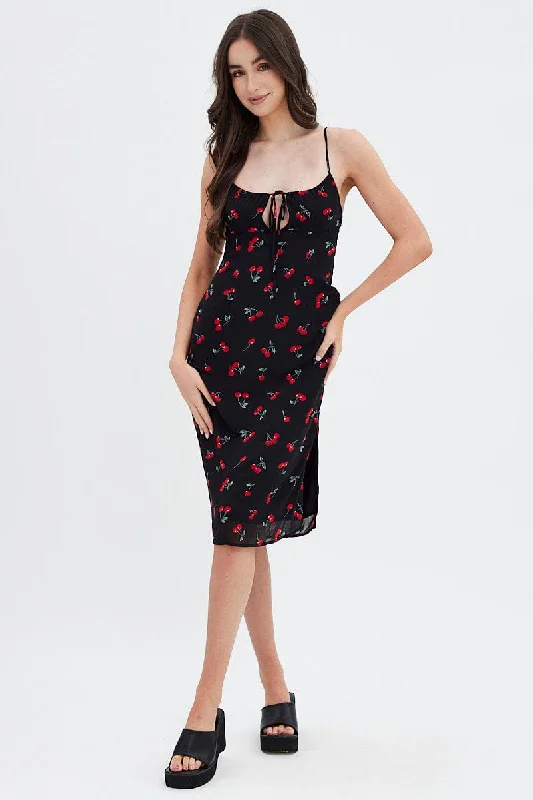 Red Floral Midi Dress Grunge Floral Print