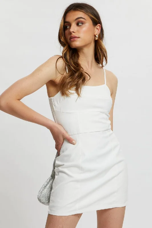 White Designer Panel Detail Mini Dress