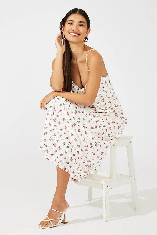 White Floral Maxi Dress Sleeveless