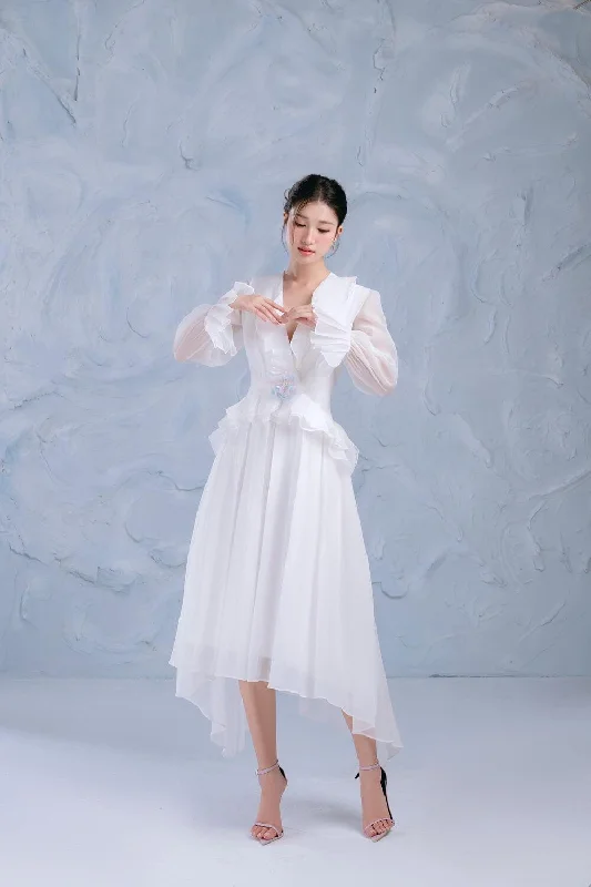Midi dresses with pleated skirts for a timeless and elegant appealCloud Asymmetric Ruffle Layer Organza Midi Dress Midi dresses with pleated skirts for a timeless and elegant appealCloud Asymmetric Ruffle Layer Organza Midi Dress