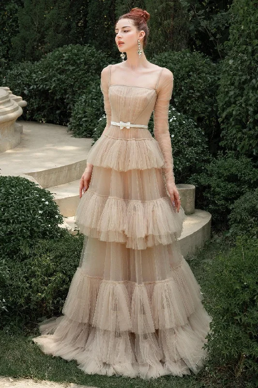 Prom party dresses with a glamorous and elegant aestheticAura Layered Square Neck Tulle Floor Length Dress Prom party dresses with a glamorous and elegant aestheticAura Layered Square Neck Tulle Floor Length Dress