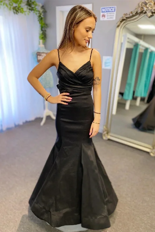 Party dresses with a handkerchief hem for a unique and flowing styleSatin Surplice Pleated Straps Black Long Prom Dress with Bow PSK437 Party dresses with a handkerchief hem for a unique and flowing styleSatin Surplice Pleated Straps Black Long Prom Dress with Bow PSK437
