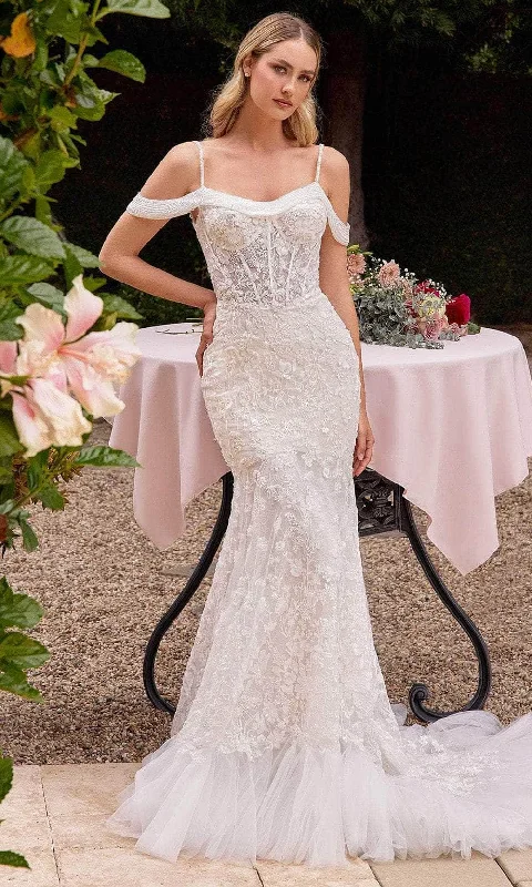 Cinderella Divine CK703W - Embroidered Spaghetti Straps Bridal Gown