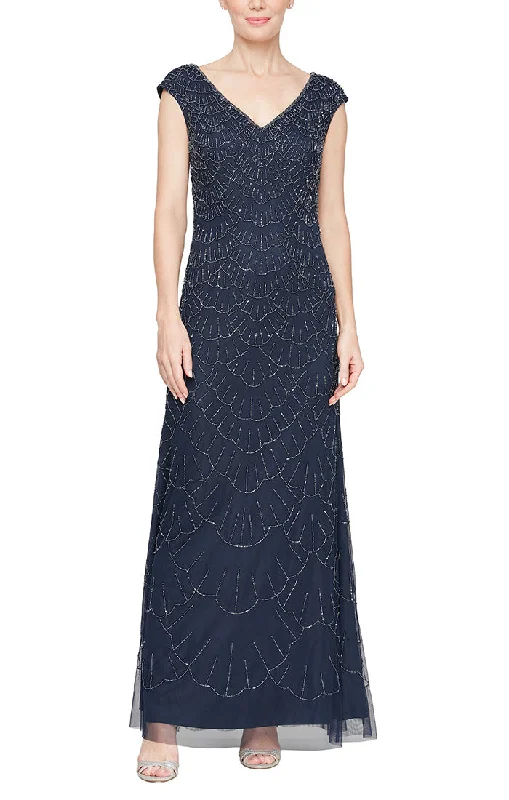 Long Sleeveless Hand Beaded Dress with V-Neckline