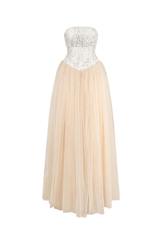 Party dresses with a criss - cross back design for a stylish detailMaris Gathered Straight Across Neck Cotton Mesh Floor Length Dress Party dresses with a criss - cross back design for a stylish detailMaris Gathered Straight Across Neck Cotton Mesh Floor Length Dress