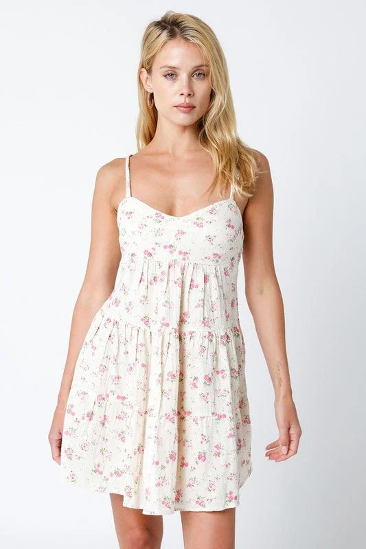 Promenade Cream and Pink Floral Tiered Mini Dress