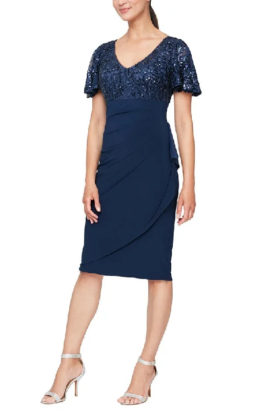 Short V-Neck Empire Waist Sheath Dress with Flutter Sleeves & Cascade Detail Skirt