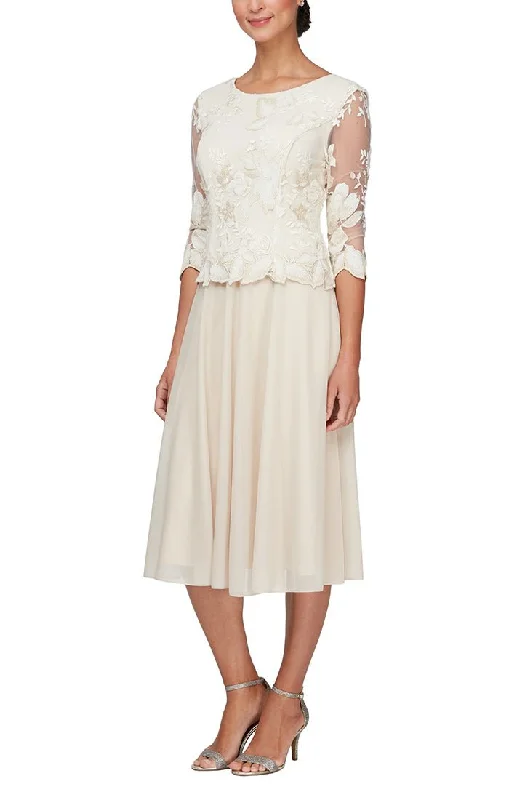 Tea-Length Embroidered Mock Dress with Illusion Sleeves, Scallop Detail and Full Skirt