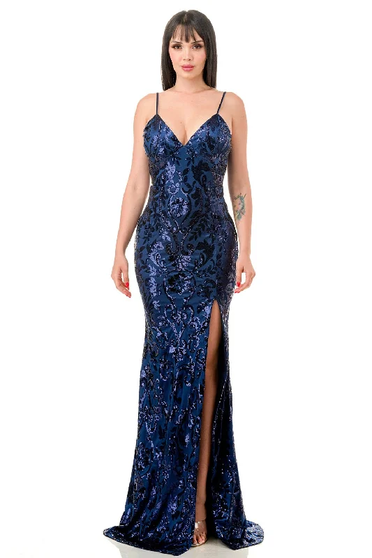 Bay Mermaid V Neck Sequin With Slit Navy Blue Maxi Dress