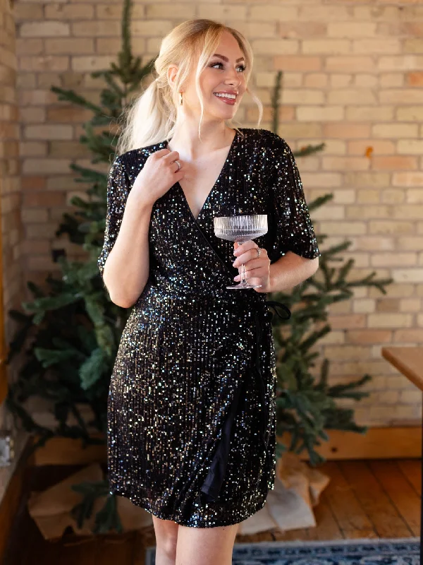 Half Flutter Sleeve Sequin Wrap Dress