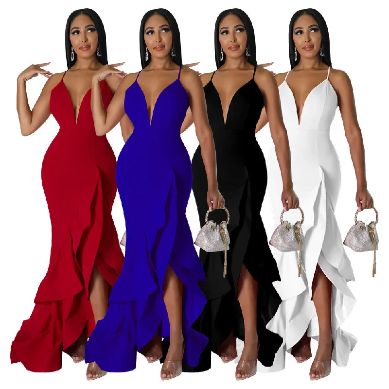 K10234 summer 2023 sexy V-Neck Ruffle sling Dress solid Irregular hem prom elegant party backless maxi dress