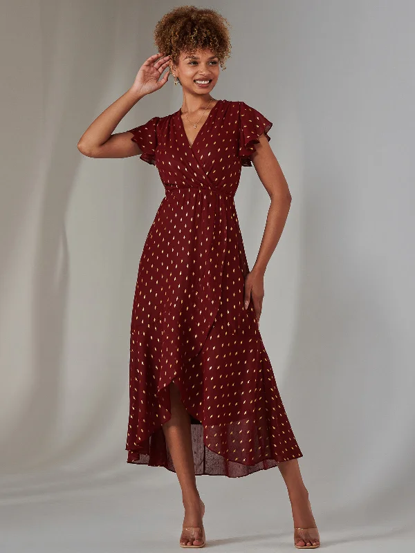 Metallic Spot Textured Chiffon Maxi Dress, Burgundy